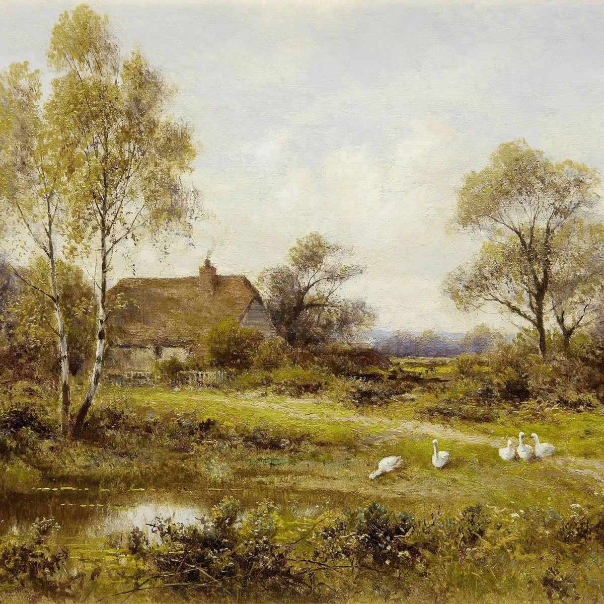 Landscape Oil Painting - Farm with Figures, Geese & Pond - Oil Painting Haven