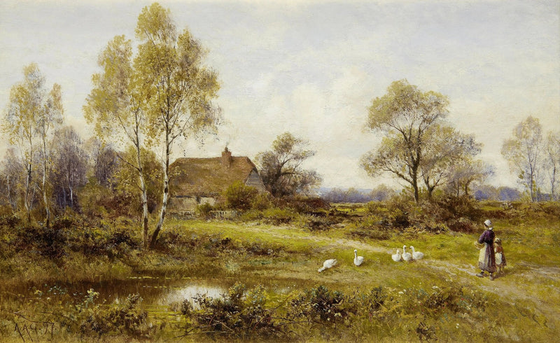 Landscape Oil Painting - Farm with Figures, Geese & Pond - Oil Painting Haven