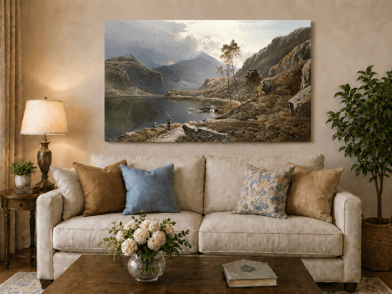 Ölgemälde Landschaft - Figuren, Rinder, Bergsee, Morgendämmerung
