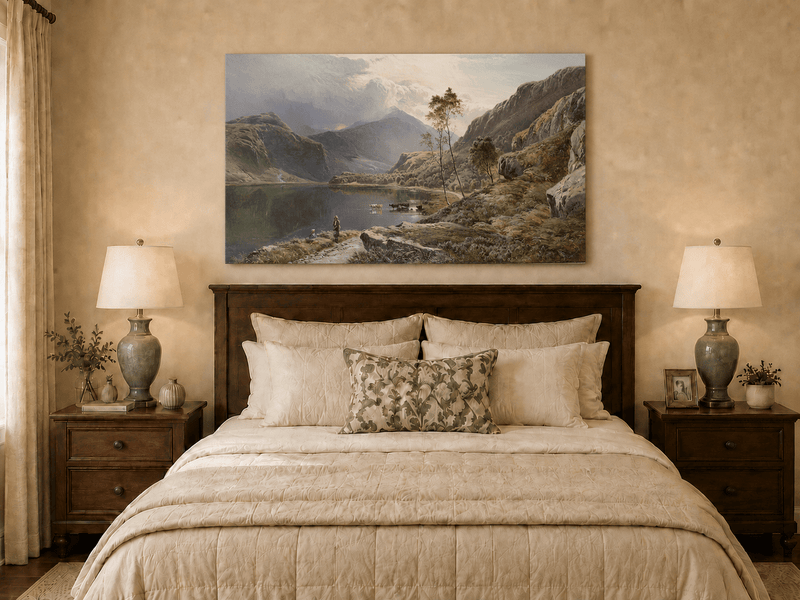Ölgemälde Landschaft - Figuren, Rinder, Bergsee, Morgendämmerung