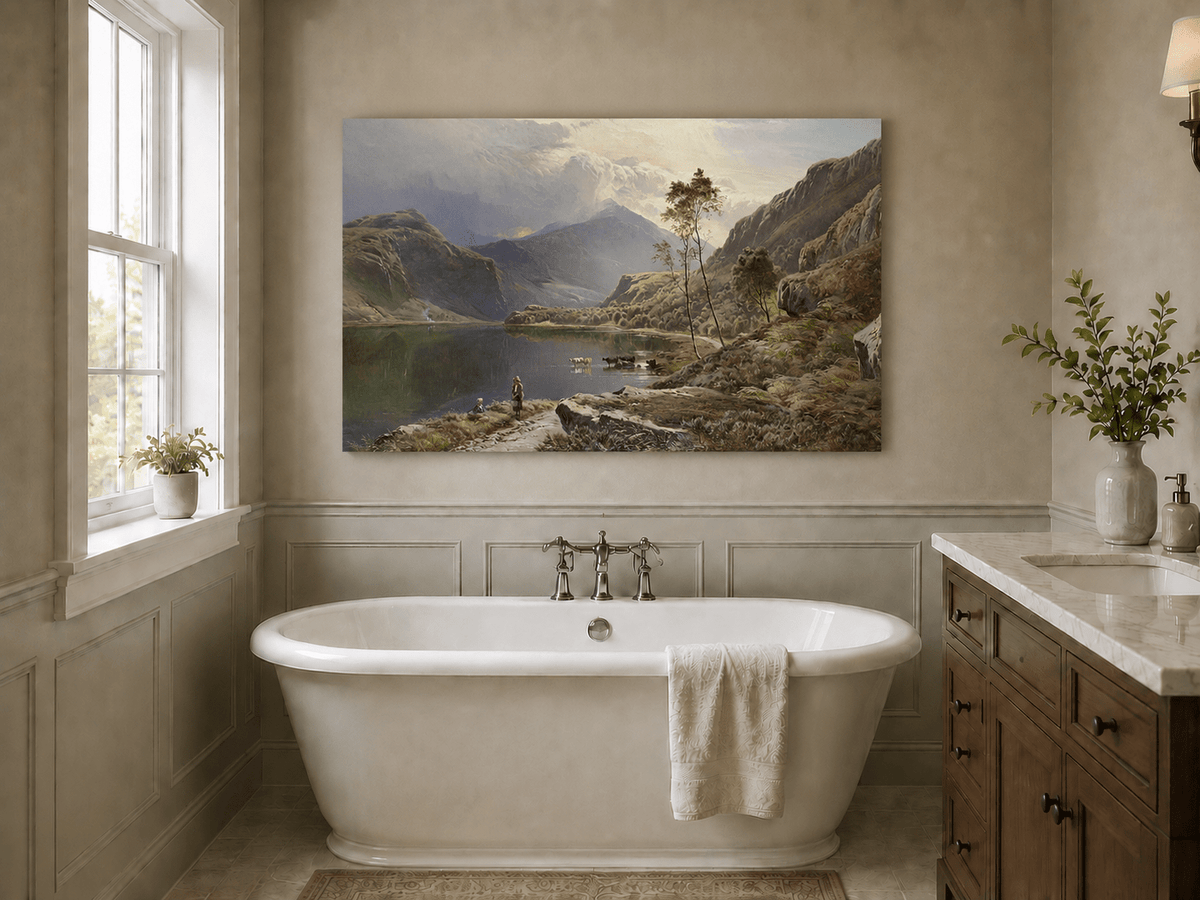 Ölgemälde Landschaft - Figuren, Rinder, Bergsee, Morgendämmerung
