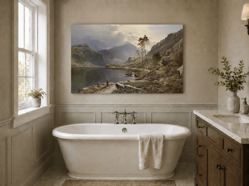 Ölgemälde Landschaft - Figuren, Rinder, Bergsee, Morgendämmerung