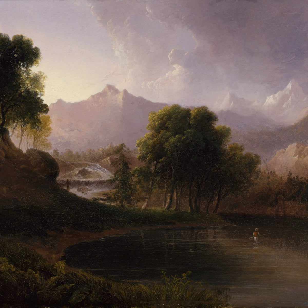 Landscape Oil Painting - Fisher, Waterfall & Distant Mountain Peaks - Oil Painting Haven