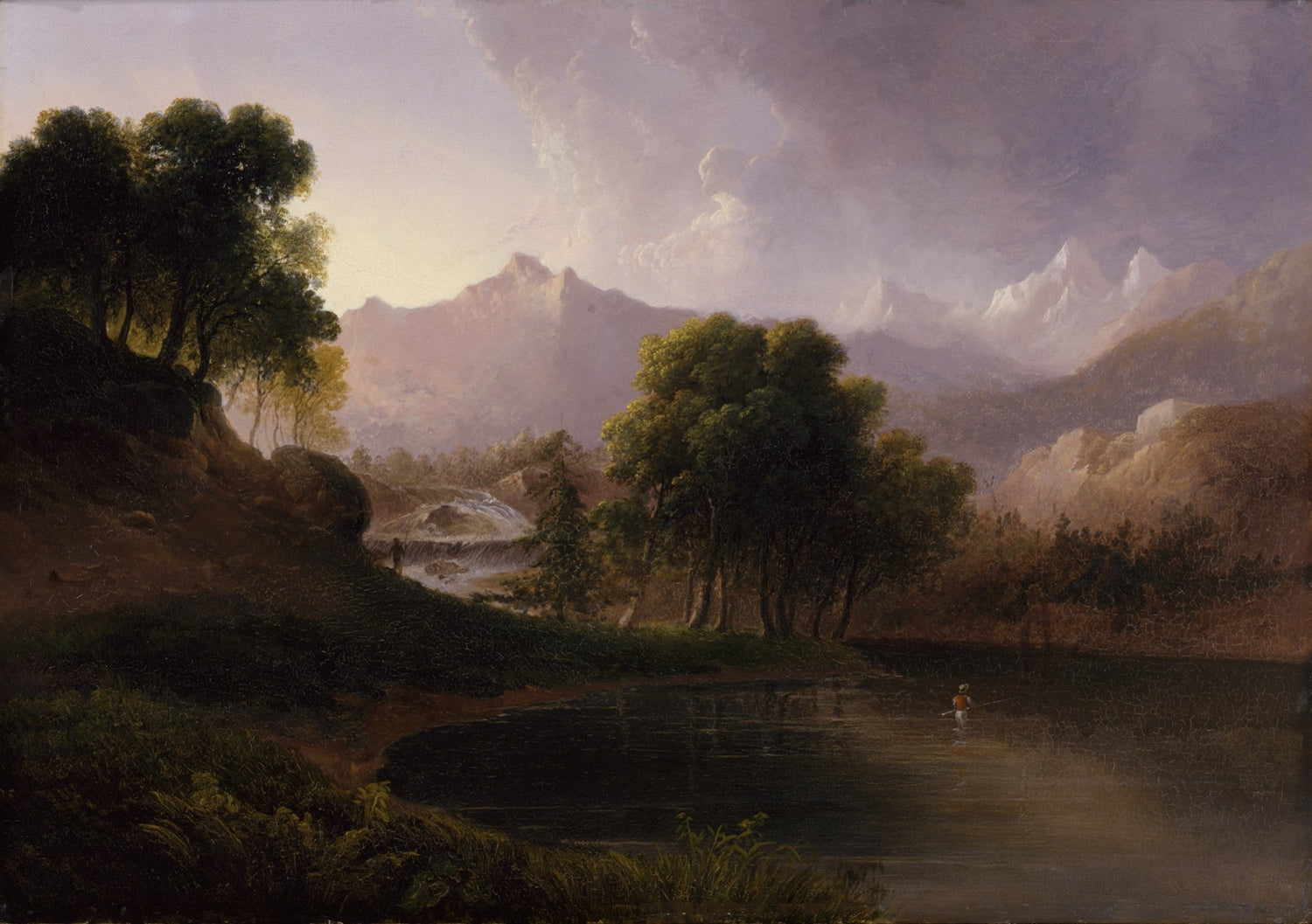 Landscape Oil Painting - Fisher, Waterfall & Distant Mountain Peaks - Oil Painting Haven