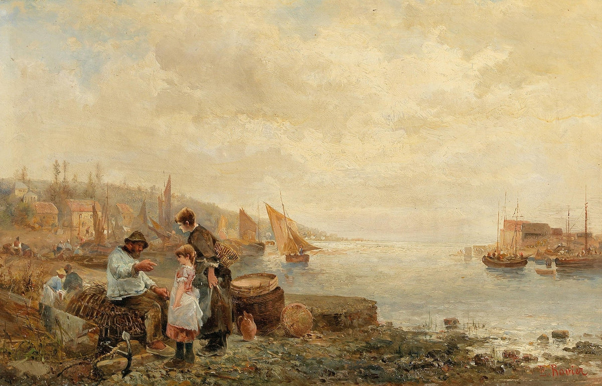 Landscape Oil Painting - Fishing Harbour, Shore Figures & Sailboats - Oil Painting Haven