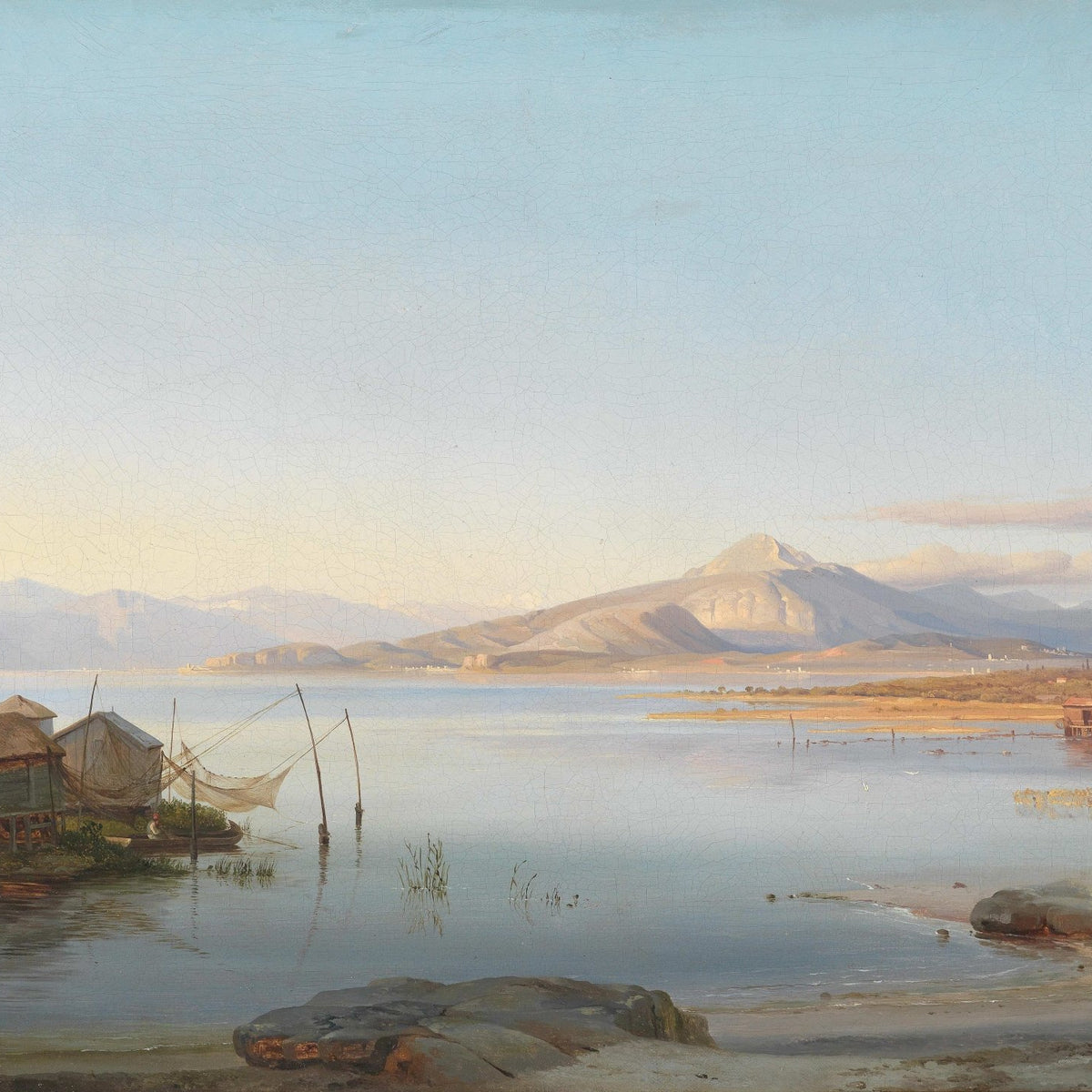 Landscape Oil Painting - Fishing hut lakeside & calm waters - Oil Painting Haven