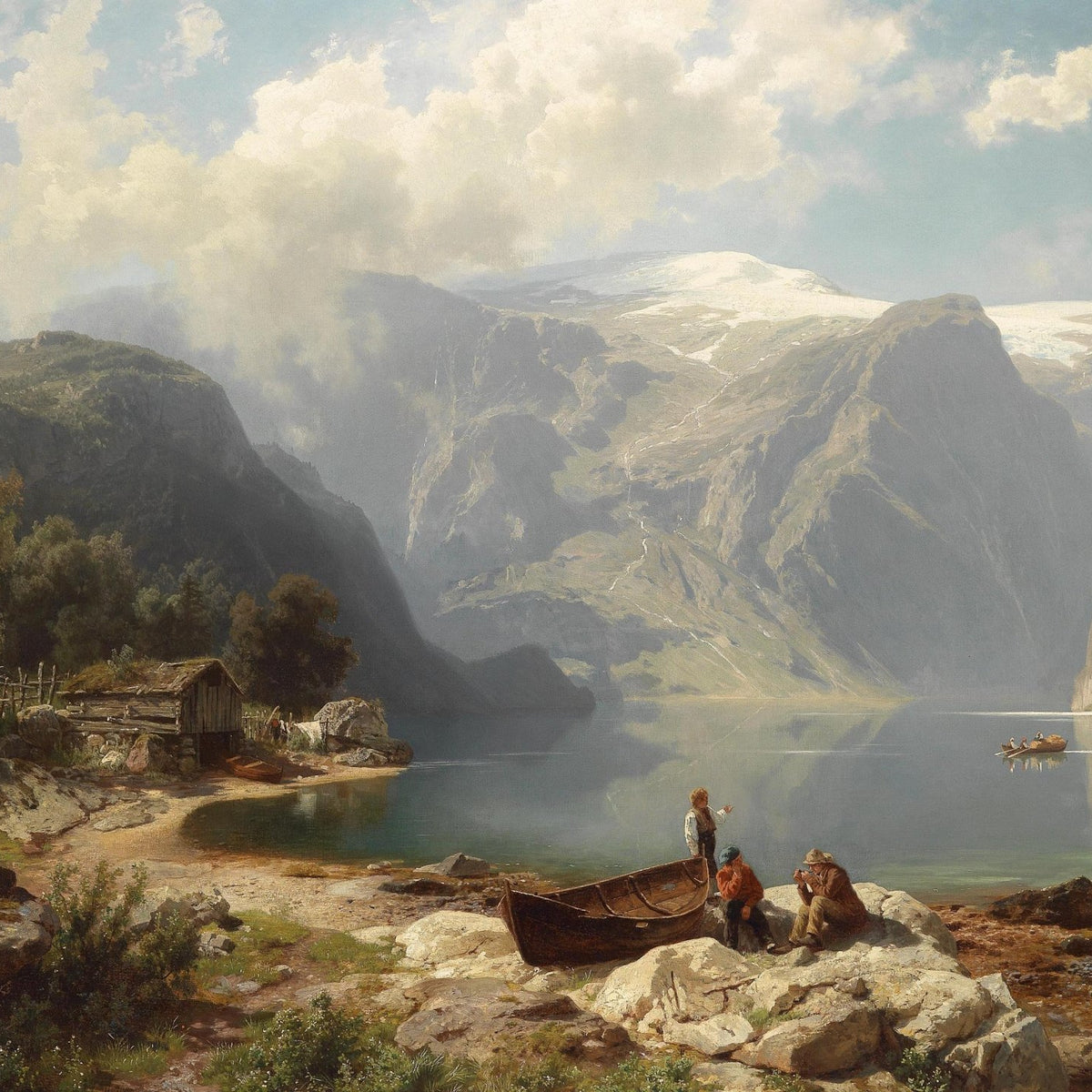 Landscape Oil Painting - Fjord lake & rustic shore cottage - Oil Painting Haven