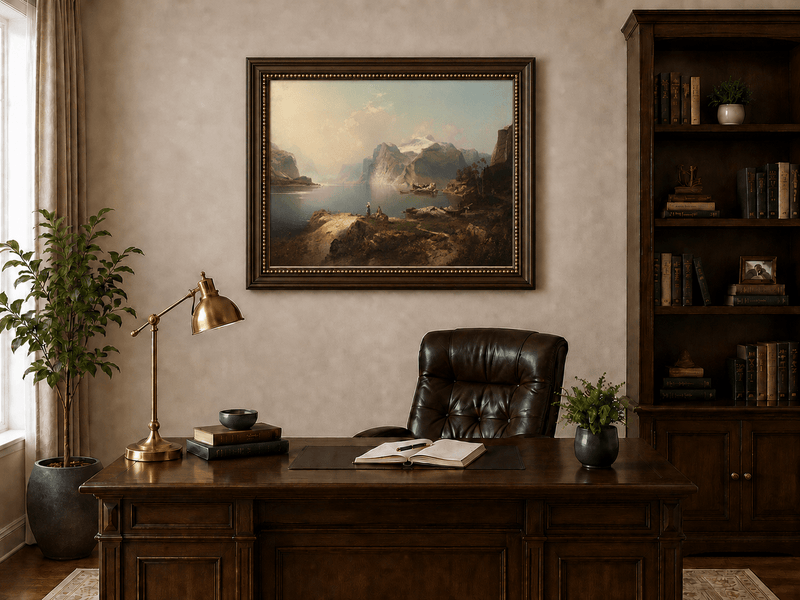 Peinture à l'huile de paysage - Lac Fjord avec montagne enneigée et bateaux