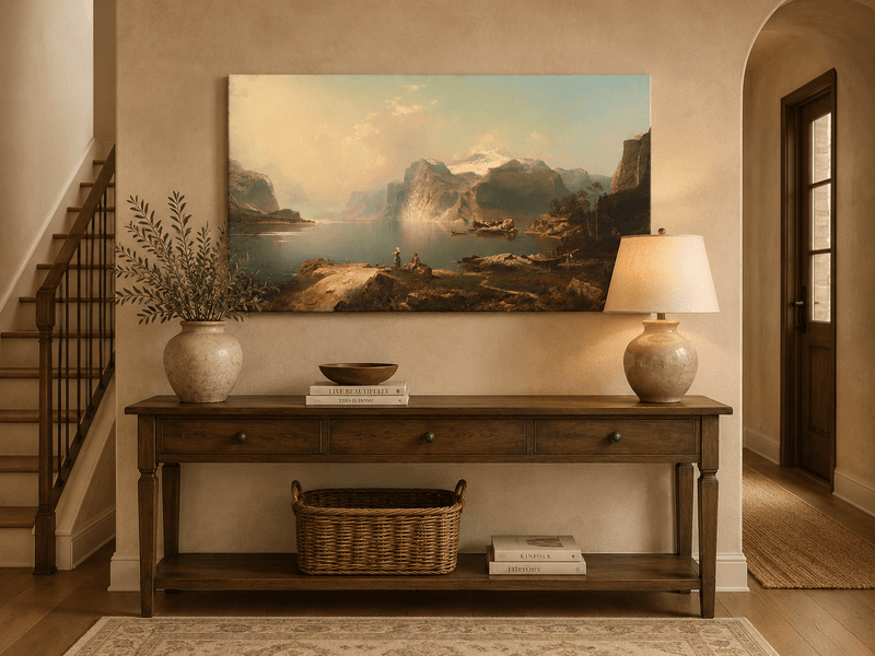 Peinture à l'huile de paysage - Lac Fjord avec montagne enneigée et bateaux