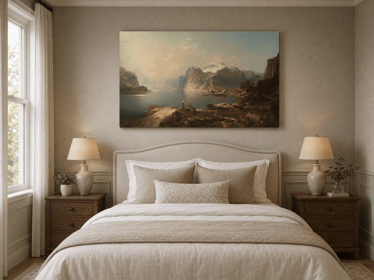 Peinture à l'huile de paysage - Lac Fjord avec montagne enneigée et bateaux