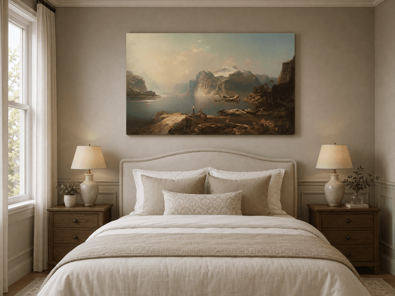 Peinture à l'huile de paysage - Lac Fjord avec montagne enneigée et bateaux