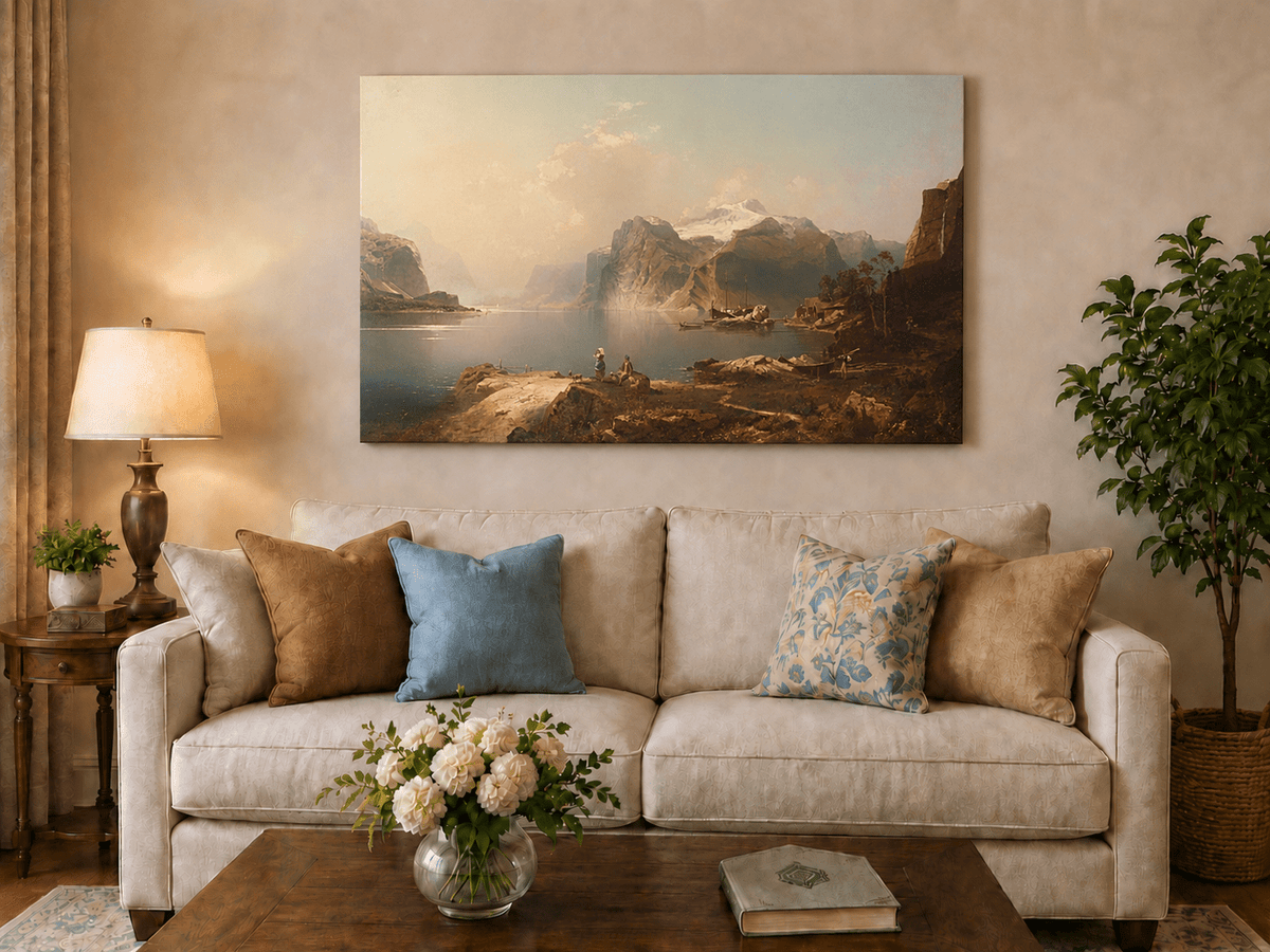 Peinture à l'huile de paysage - Lac Fjord avec montagne enneigée et bateaux