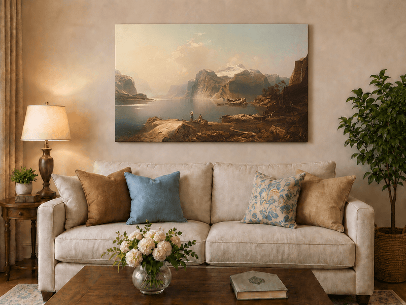 Peinture à l'huile de paysage - Lac Fjord avec montagne enneigée et bateaux