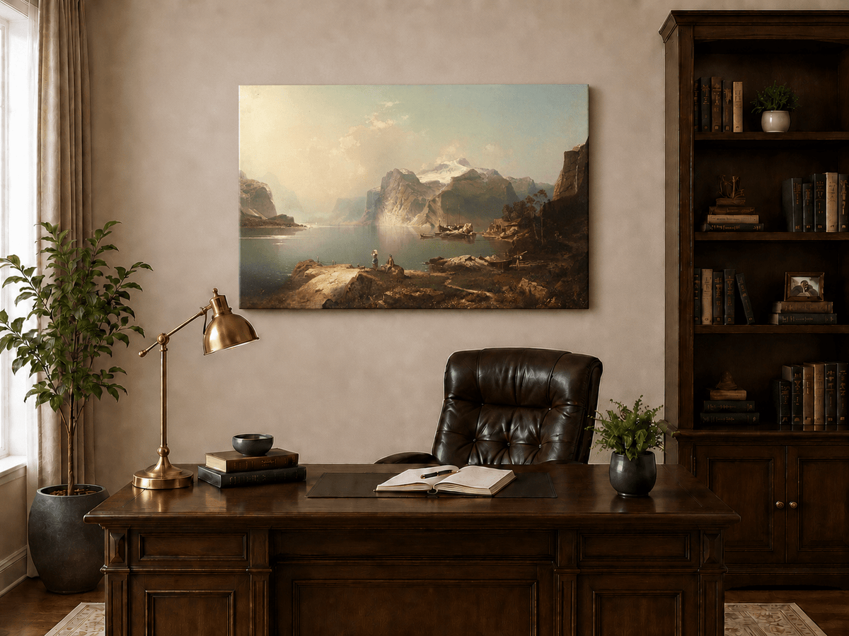 Peinture à l'huile de paysage - Lac Fjord avec montagne enneigée et bateaux