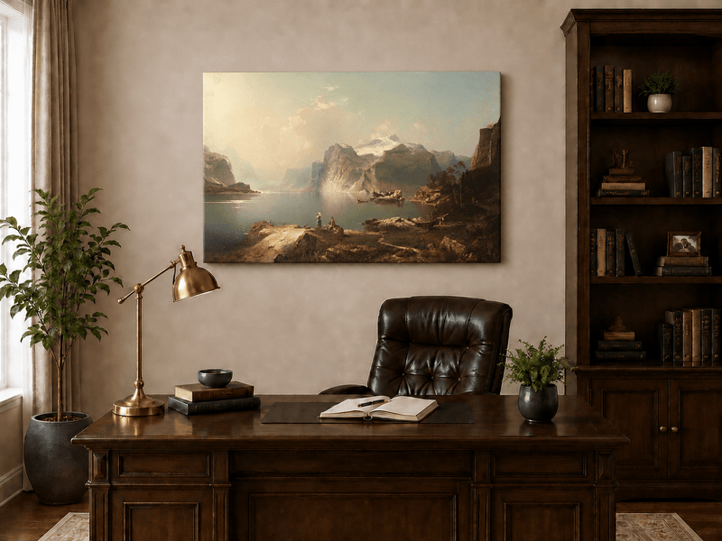 Peinture à l'huile de paysage - Lac Fjord avec montagne enneigée et bateaux