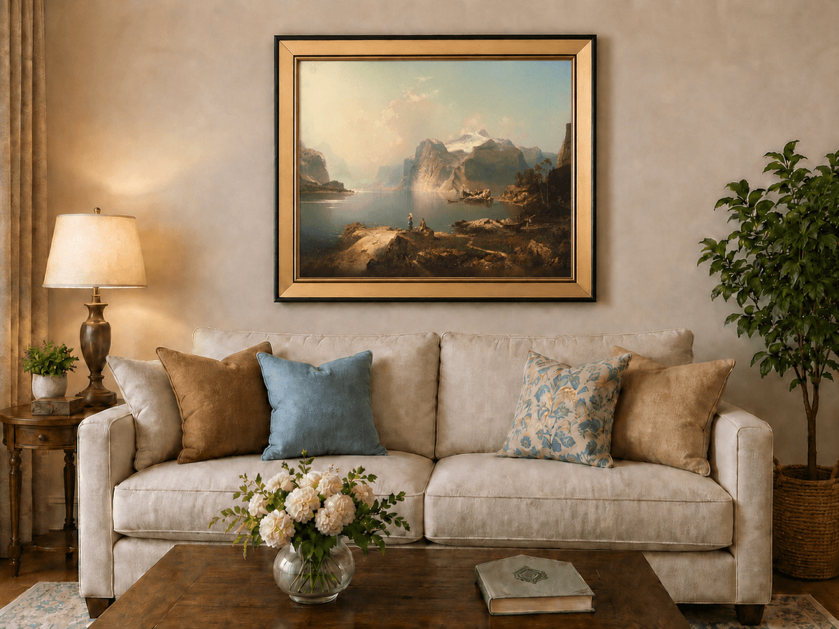 Peinture à l'huile de paysage - Lac Fjord avec montagne enneigée et bateaux