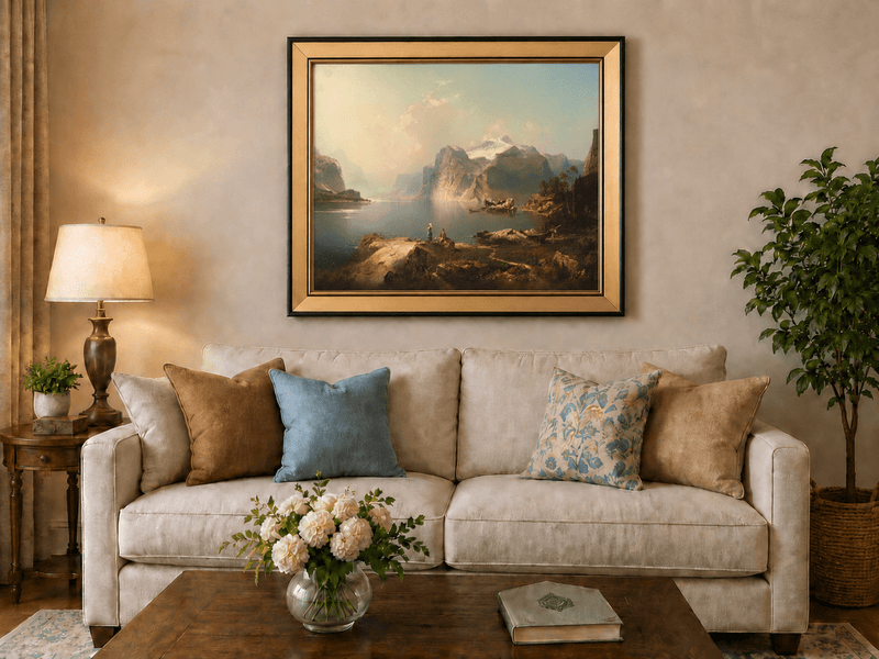 Peinture à l'huile de paysage - Lac Fjord avec montagne enneigée et bateaux