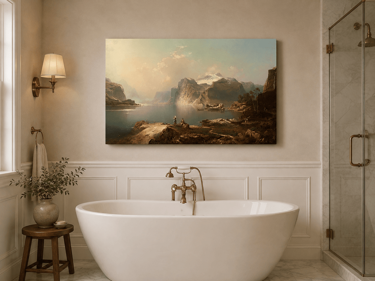 Peinture à l'huile de paysage - Lac Fjord avec montagne enneigée et bateaux