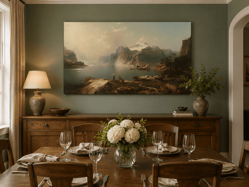 Peinture à l'huile de paysage - Lac Fjord avec montagne enneigée et bateaux