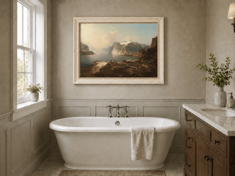 Peinture à l'huile de paysage - Lac Fjord avec montagne enneigée et bateaux