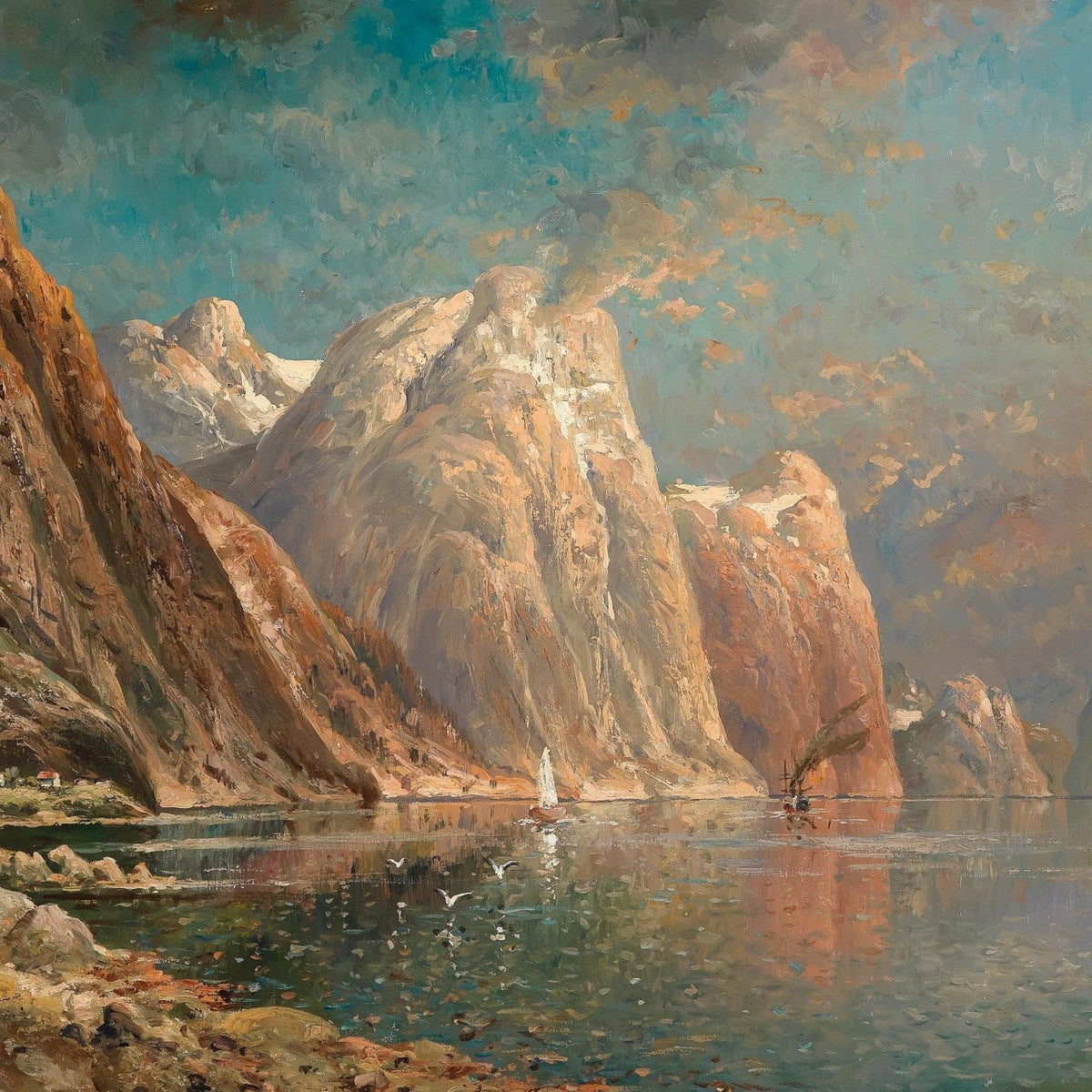Landscape Oil Painting - Fjord, Towering Rock Mountains & Water Vessels - Oil Painting Haven