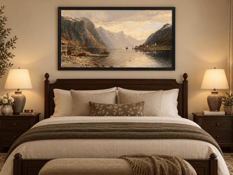 Landscape Oil Painting - Fjord Village with Mountain Reflections