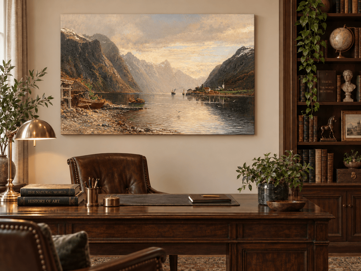 Landscape Oil Painting - Fjord Village with Mountain Reflections
