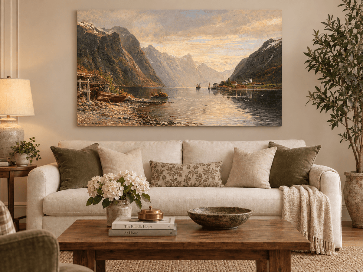 Landscape Oil Painting - Fjord Village with Mountain Reflections