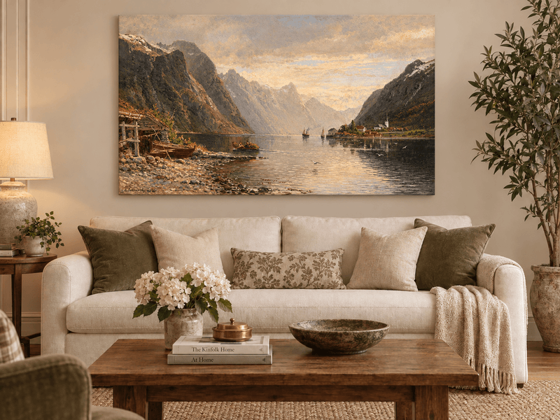 Landscape Oil Painting - Fjord Village with Mountain Reflections