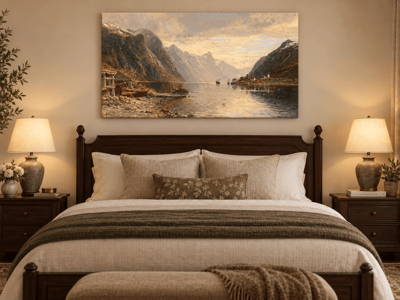 Landscape Oil Painting - Fjord Village with Mountain Reflections