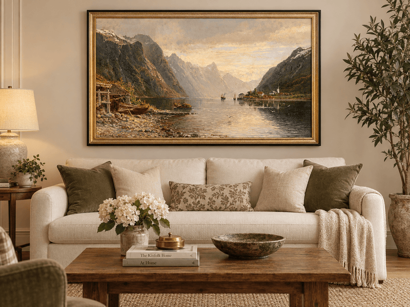 Landscape Oil Painting - Fjord Village with Mountain Reflections