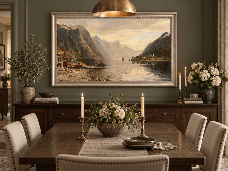 Landscape Oil Painting - Fjord Village with Mountain Reflections