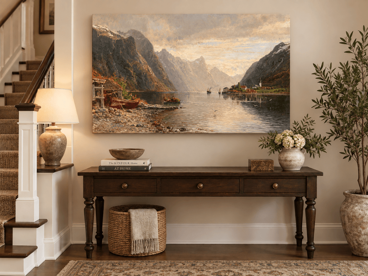 Landscape Oil Painting - Fjord Village with Mountain Reflections
