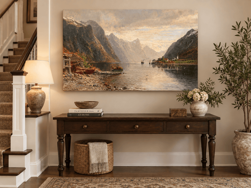 Landscape Oil Painting - Fjord Village with Mountain Reflections