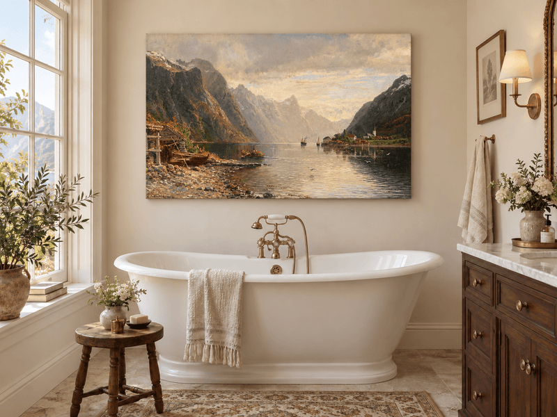 Landscape Oil Painting - Fjord Village with Mountain Reflections