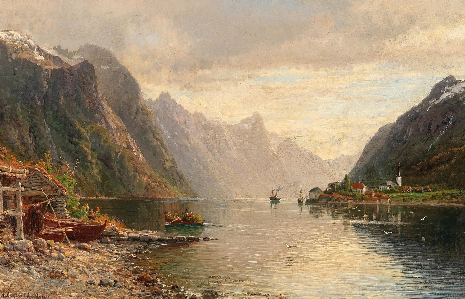 Landscape Oil Painting - Fjord Village with Mountain Reflections - Oil Painting Haven