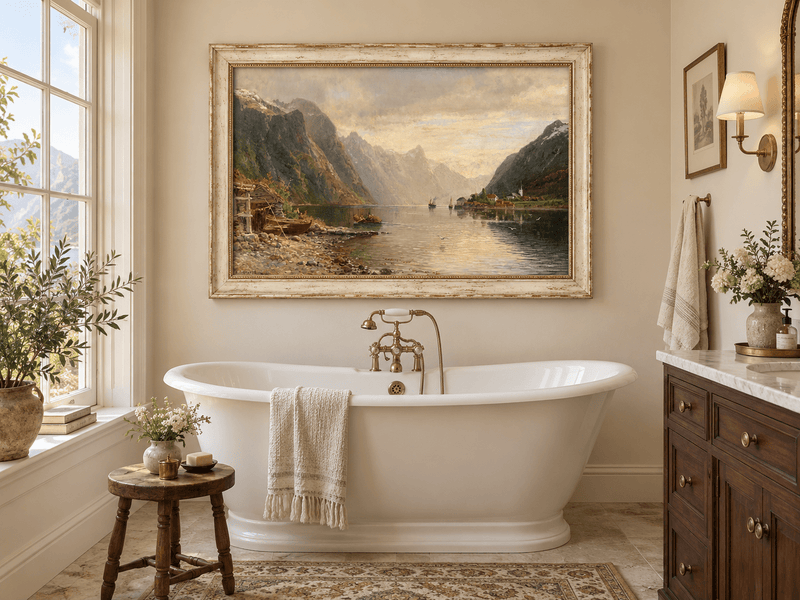 Landscape Oil Painting - Fjord Village with Mountain Reflections