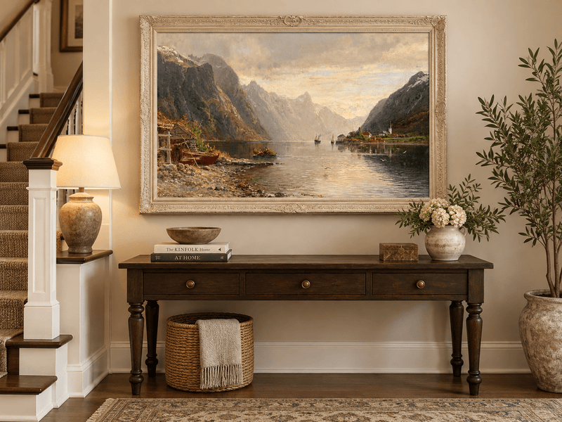 Landscape Oil Painting - Fjord Village with Mountain Reflections