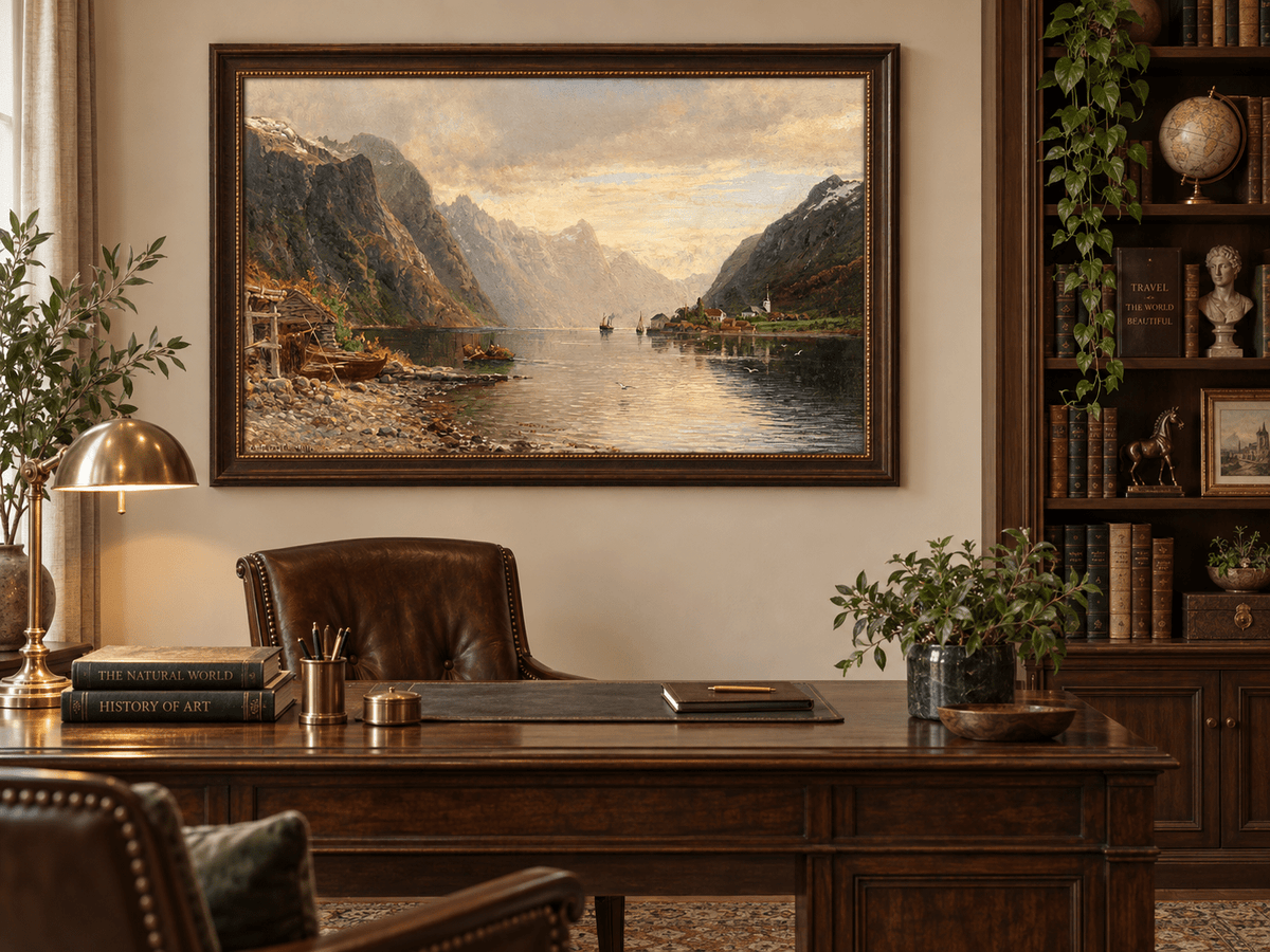 Landscape Oil Painting - Fjord Village with Mountain Reflections
