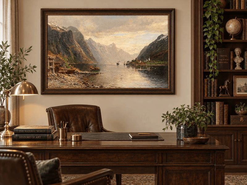 Landscape Oil Painting - Fjord Village with Mountain Reflections