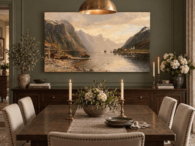 Landscape Oil Painting - Fjord Village with Mountain Reflections