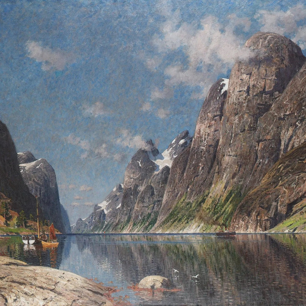 Landscape Oil Painting - Fjord with Boats, Mountains & Calm Water - Oil Painting Haven