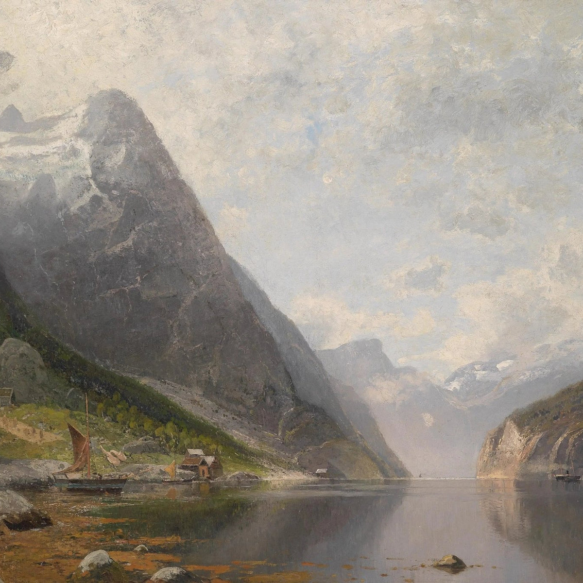 Landscape Oil Painting - Fjord with Mountains, Boats & Houses - Oil Painting Haven
