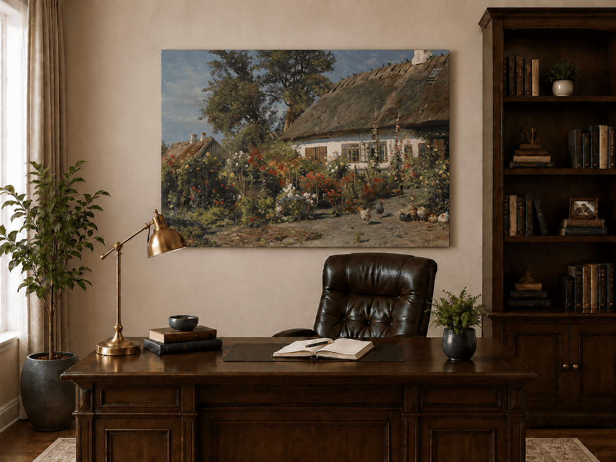 Paysage de jardin de cottage fleuri, peinture à l'huile, scène peinte à la main