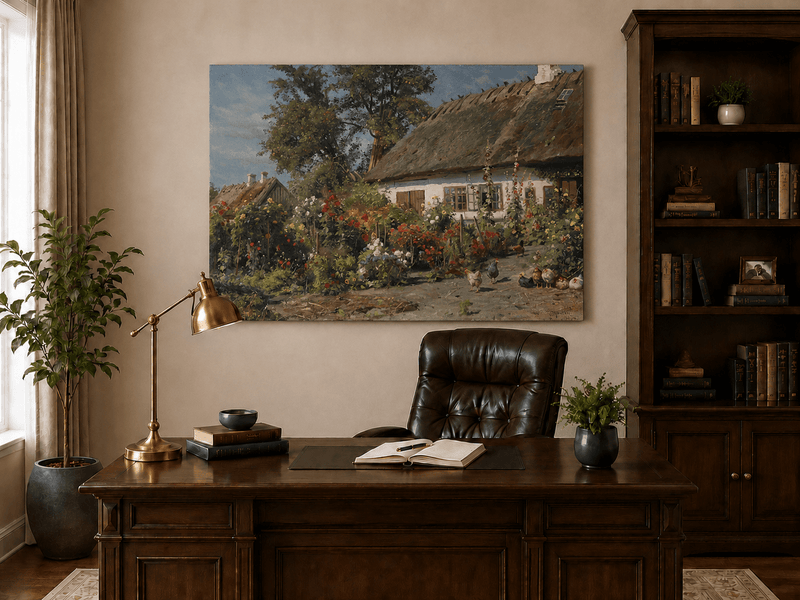 Paysage de jardin de cottage fleuri, peinture à l'huile, scène peinte à la main
