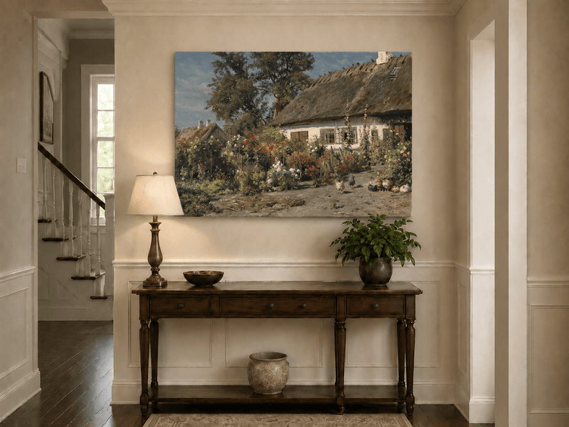 Paysage de jardin de cottage fleuri, peinture à l'huile, scène peinte à la main