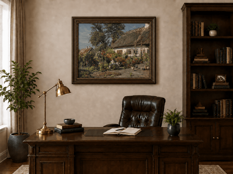 Paysage de jardin de cottage fleuri, peinture à l'huile, scène peinte à la main