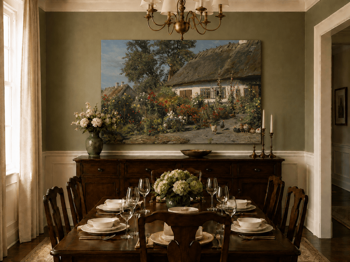 Paysage de jardin de cottage fleuri, peinture à l'huile, scène peinte à la main
