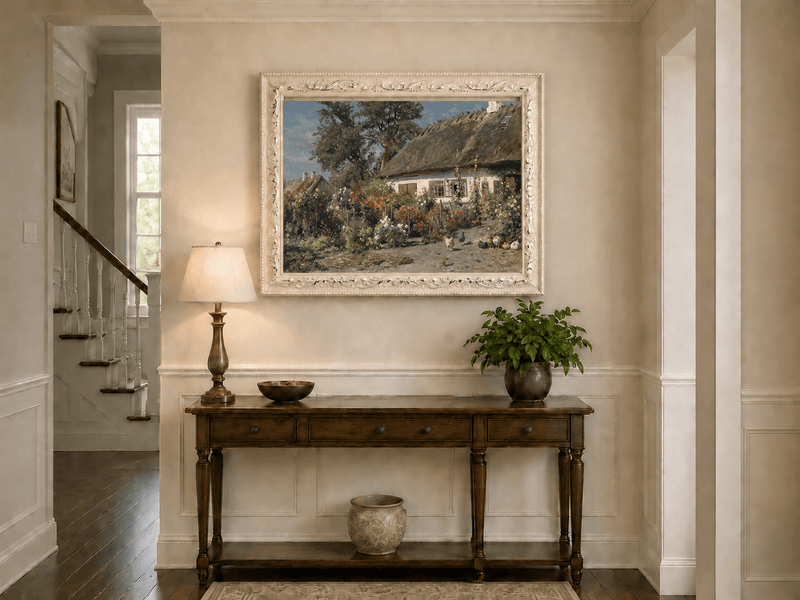 Paysage de jardin de cottage fleuri, peinture à l'huile, scène peinte à la main