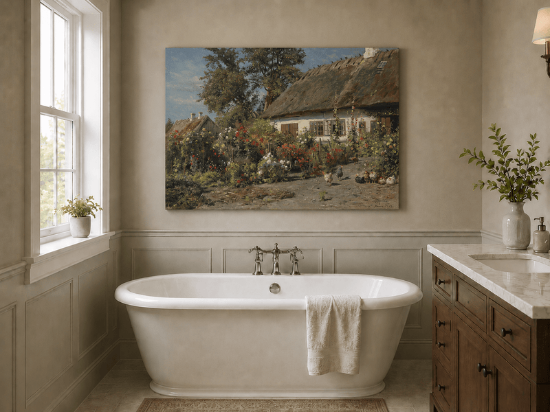 Paysage de jardin de cottage fleuri, peinture à l'huile, scène peinte à la main